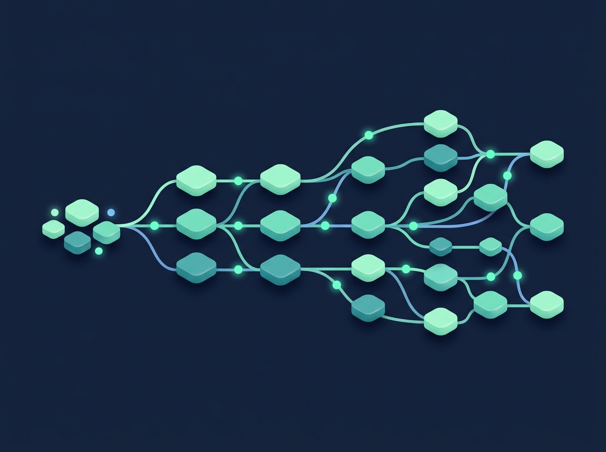 An illustration of connected blocks and nodes linked by flowing lines