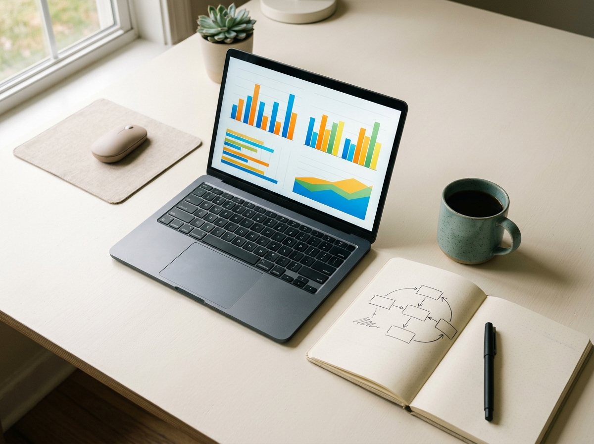 A tidy desk with a laptop showing charts and a notebook with a hand-drawn flow diagram